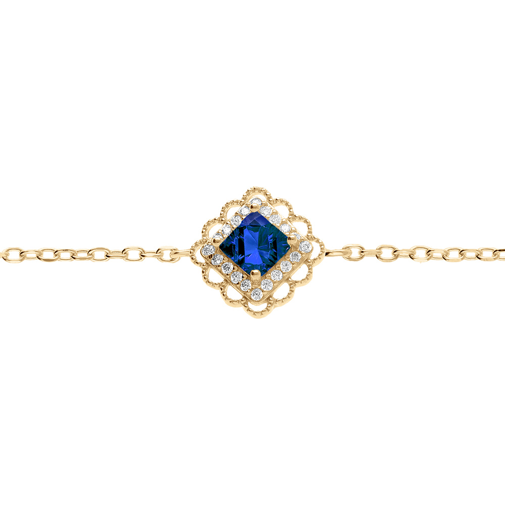 Bracelet en vermeil carr� oxyde bleu serti contour oxydes blancs et dentel� - 15+3cm - Vue 1