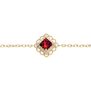 Bracelet en vermeil carr� oxyde rouge serti contour oxydes blancs et dentel� - 15+3cm