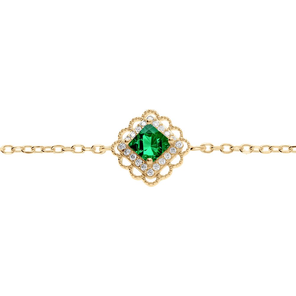 Bracelet en vermeil carr� oxyde vert serti contour oxydes blancs et dentel� - 15+3cm - Vue 1