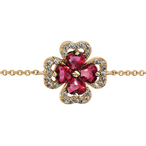 Bracelet en vermeil chaîne avec motif trèfle et pierre rouge entourage oxydes blancs sertis 16+2cm - Vue 1