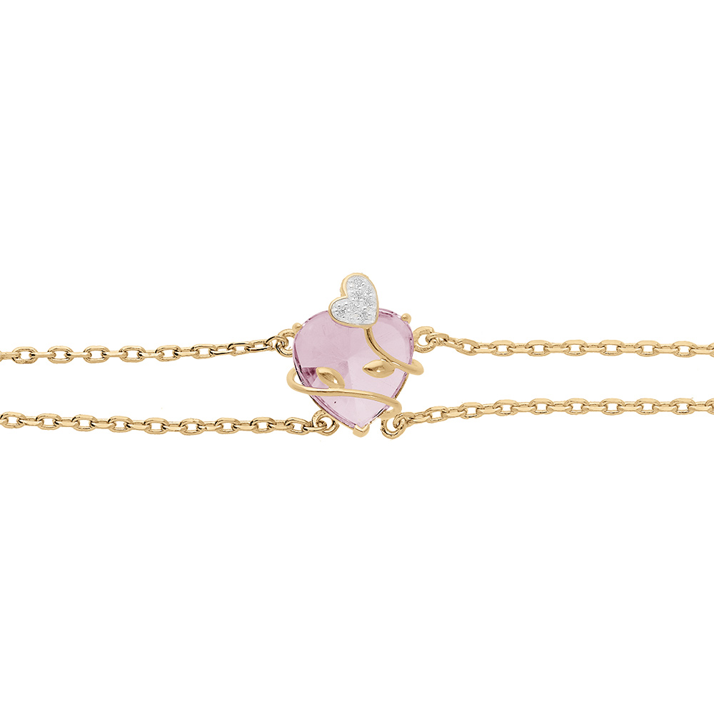 Bracelet en vermeil coeur oxyde rose avec motif volute 15+3cm - Vue 1
