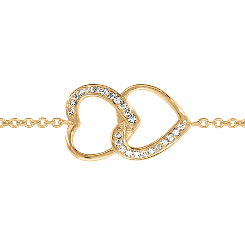 Bracelet en vermeil double coeur superpos� et oxydes blancs sertis - 16+2cm - Vue 1