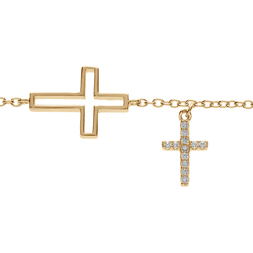Bracelet en vermeil double croix une  lisse et une avec pavage d\'oxydes blancs - 16+2cm - Vue 1