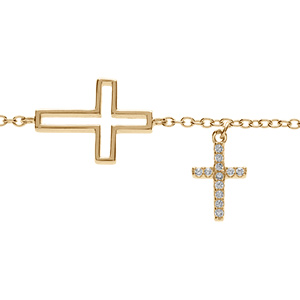 Bracelet en vermeil double croix une  lisse et une avec pavage d'oxydes blancs - 16+2cm