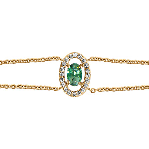Bracelet en vermeil forme ovale verre vert entourage d'oxydes blancs sertis - 16+2cm
