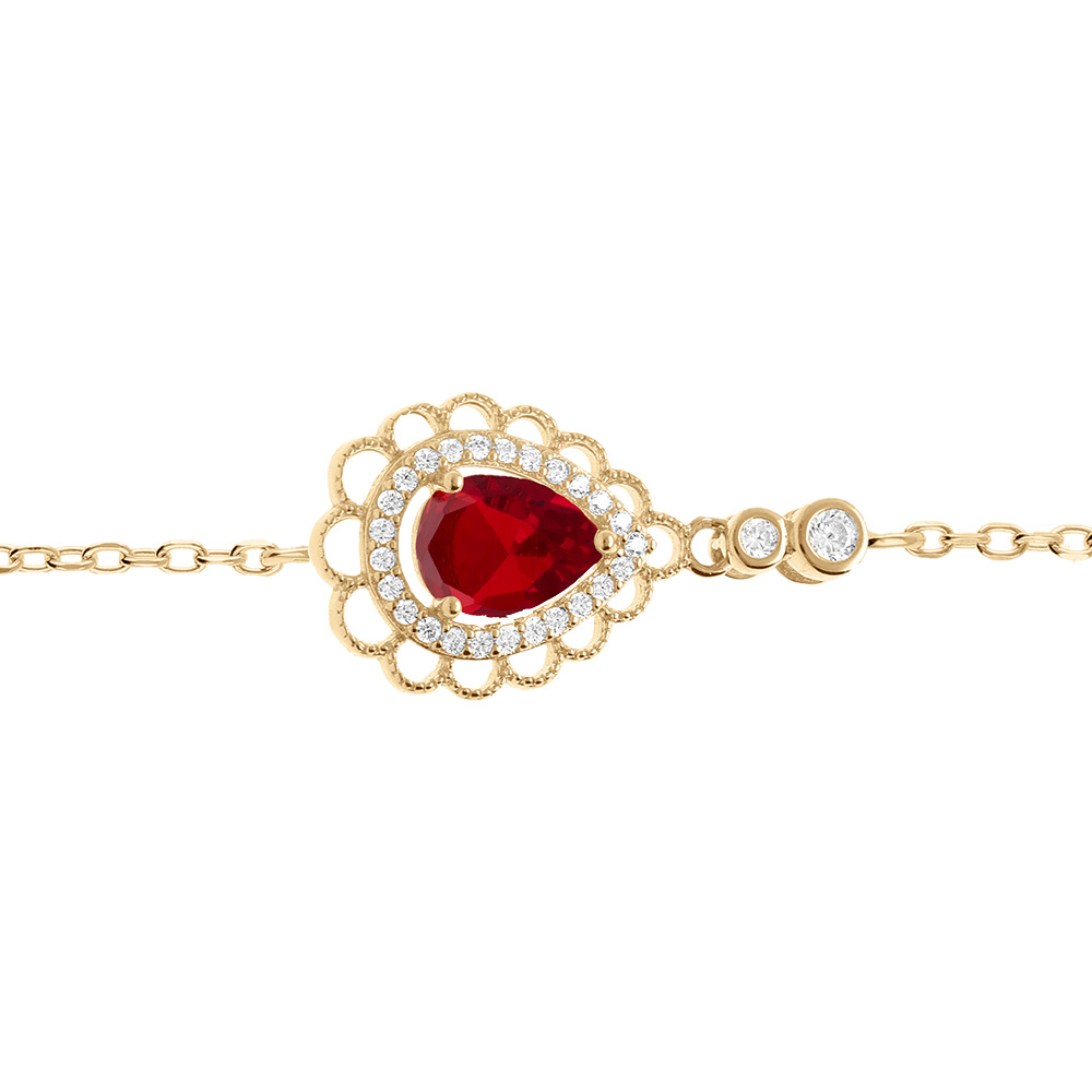 Bracelet en vermeil goutte oxyde rouge serti contour oxydes blancs sertis et dentell� - 15+3cm - Vue 1