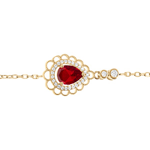 Bracelet en vermeil goutte oxyde rouge serti contour oxydes blancs sertis et dentell� - 15+3cm