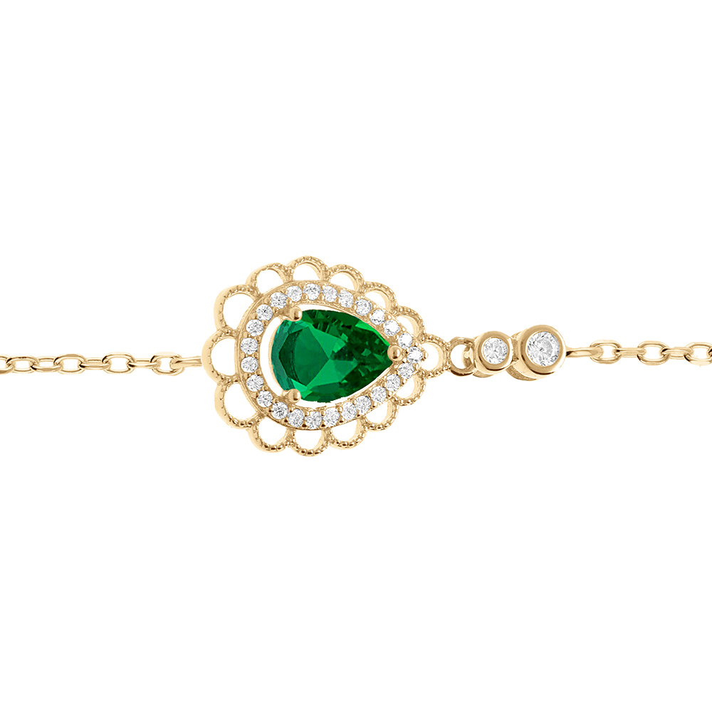 Bracelet en vermeil goutte oxyde vert serti contour oxydes blancs sertis et dentell� - 15+3cm - Vue 1