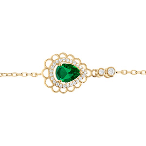 Bracelet en vermeil goutte oxyde vert serti contour oxydes blancs sertis et dentell� - 15+3cm