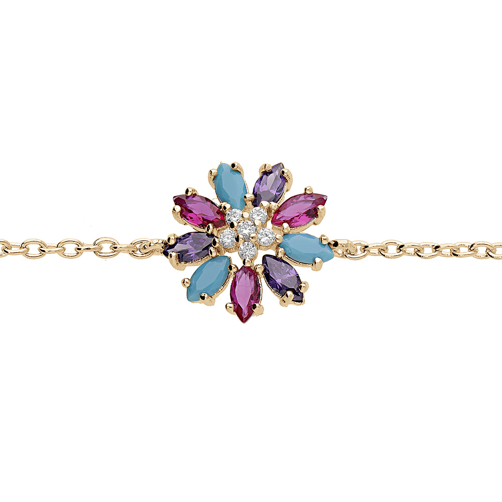 Bracelet en vermeil motif fleur avec oxydes multi couleurs - 16+2cm - Vue 1