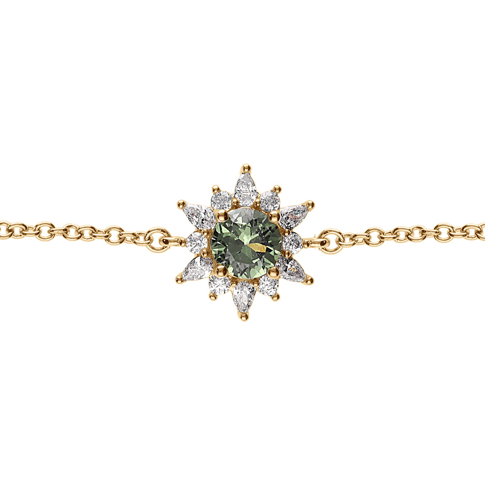 Bracelet en vermeil motif fleur oxyde vert central  et contour oxydes blancs - 16+2cm - Vue 1