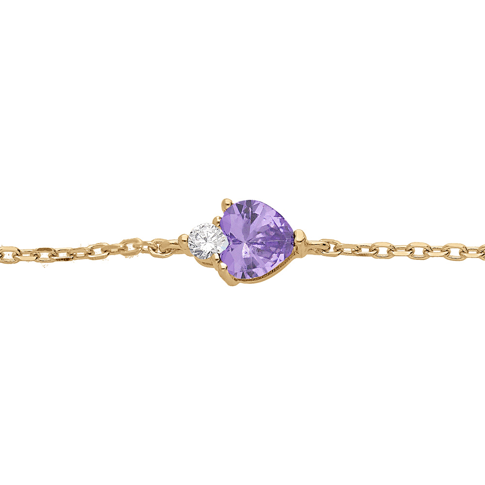 Bracelet en vermeil oxydes blanc et violet forme coeur, longueur 16+3cm - Vue 1
