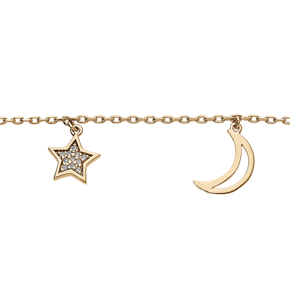 Bracelet en vermeil pampilles lune �vid�e et coeur d\'oxydes blancs sertis - 16+3cm - Vue 1