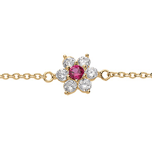 Bracelet en vermeil pendentif marguerite avec oxyde central rouge fonc et contour d'oxydes blancs sertis -16.5+2cm