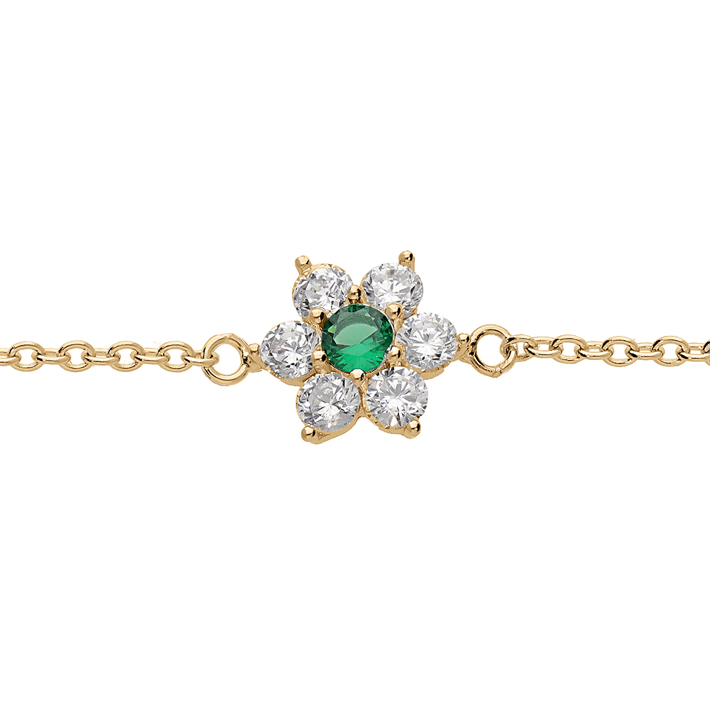 Bracelet en vermeil pendentif  marguerite avec oxyde vert central et contour d\'oxydes blancs sertis - 16.5+2cm - Vue 1