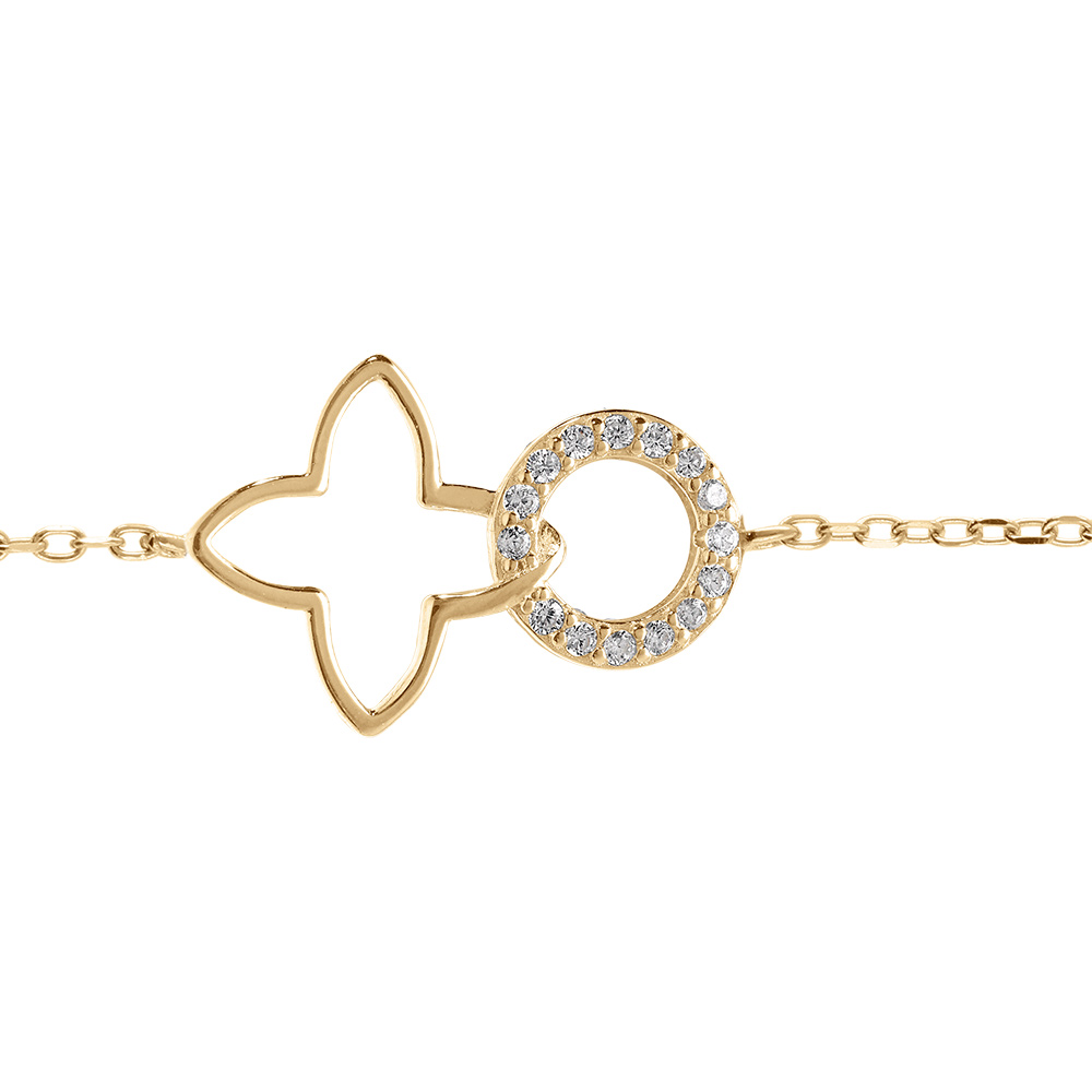 Bracelet en vermeil tr�fle decoup� lisse et cercle entour� d\'oxydes blancs sertis - 16+3cm - Vue 1