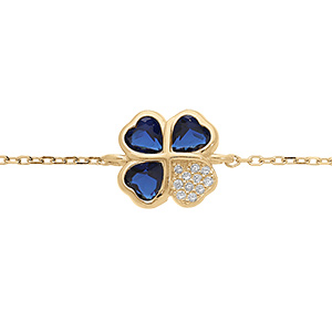 Bracelet en vermeil trfle porte bonheur et coeur d'oxydes bleus et un d'oxyde blanc10mm - 16+1+1cm