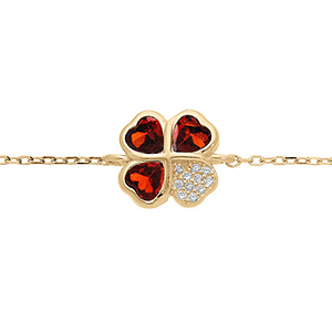 Bracelet en vermeil trfle porte bonheur et coeur d'oxydes rouges et un d'oxyde blanc10mm - 16+1+1cm
