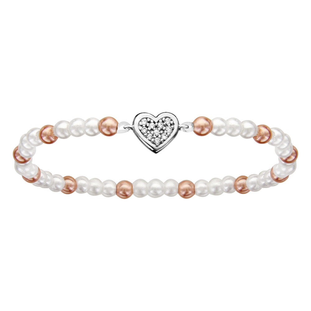 Bracelet enfant elastique perles blanche et rose motif coeurs argent rhodi� et oxydes blancs sertis - Vue 1