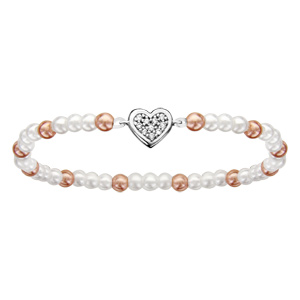 Bracelet enfant elastique perles blanche et rose motif coeurs argent rhodi et oxydes blancs sertis - Vue 1