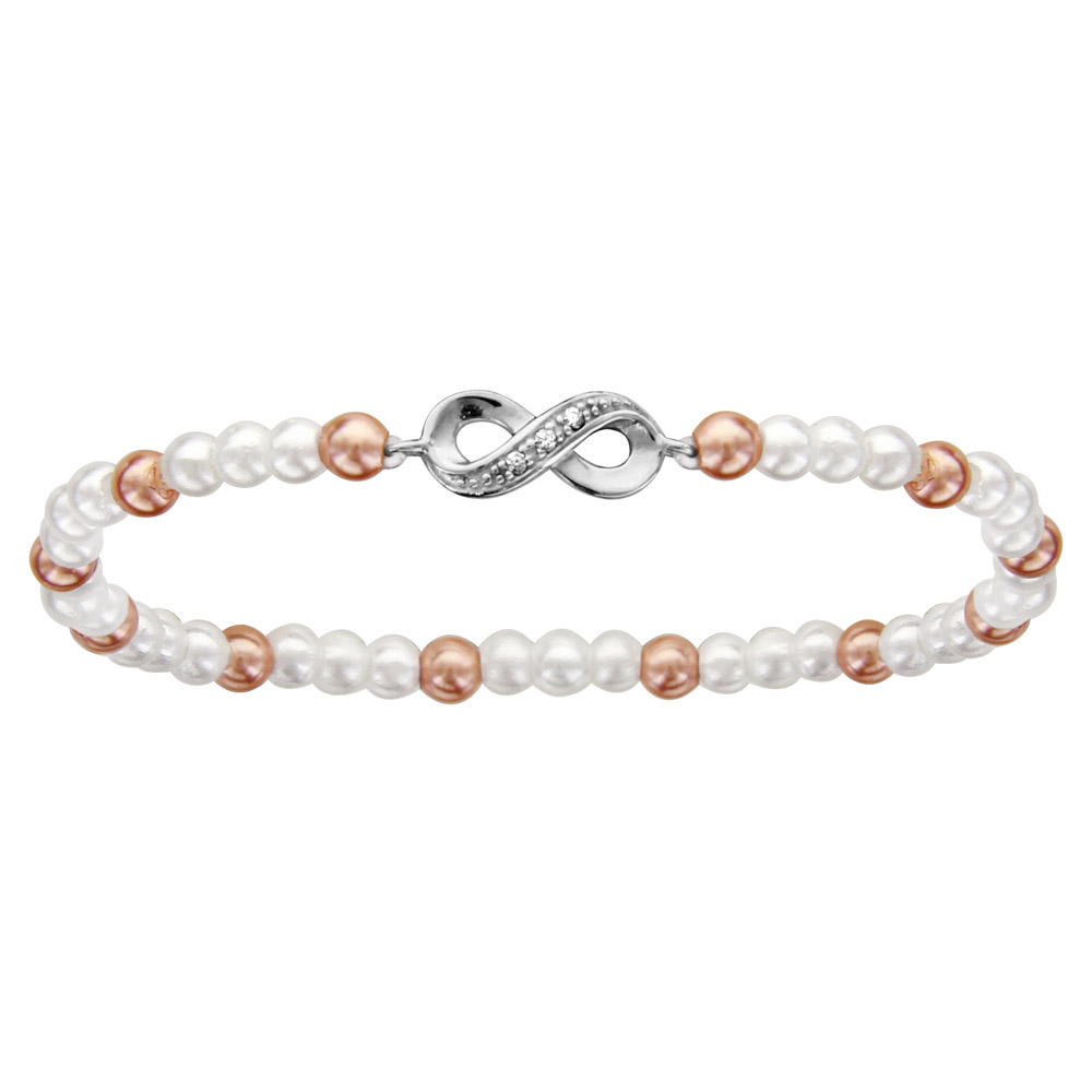 Bracelet enfant elastique perles blanche et rose motif infini argent rhodi� et oxydes blancs sertis - Vue 1