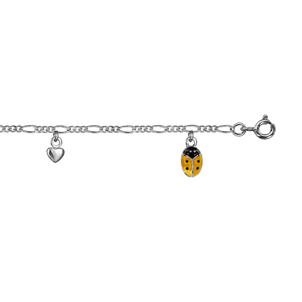 Bracelet enfant en argent rhodi� cha�ne 3+1 avec pampilles coccinelles jaunes et coeurs 14+2cm - Vue 1