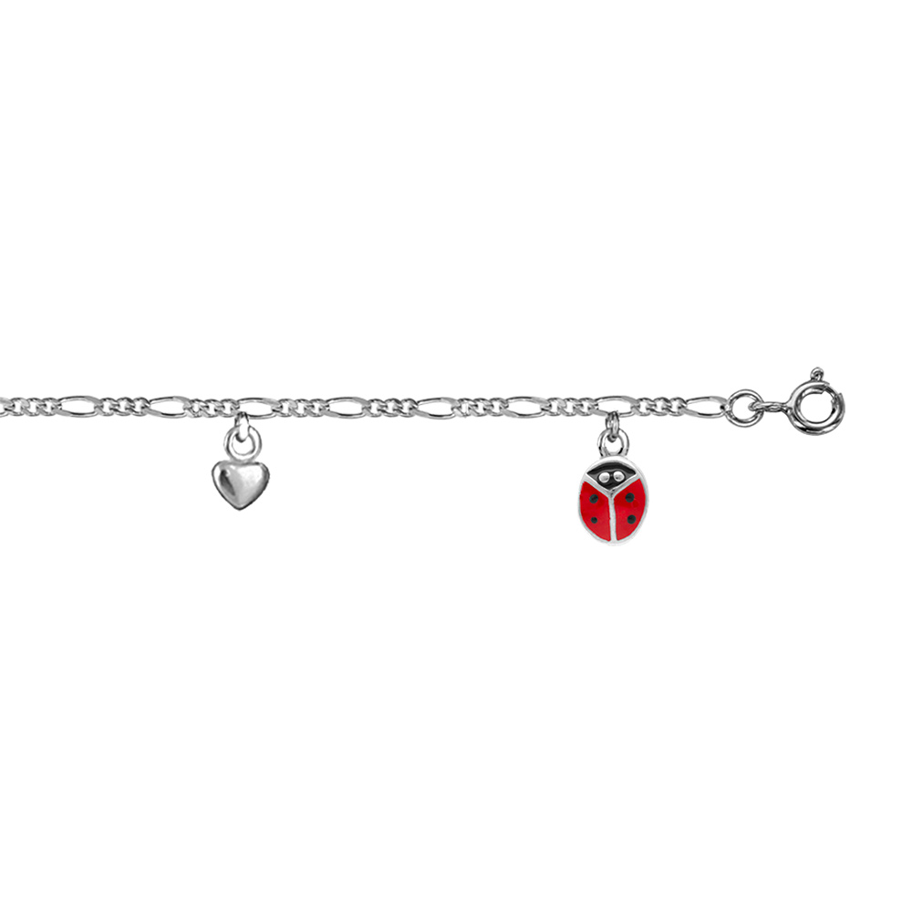 Bracelet enfant en argent rhodi� cha�ne 3+1 avec pampilles coccinelles rouges et coeurs 14+2cm - Vue 1