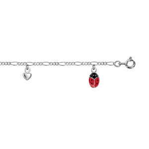 Bracelet enfant en argent rhodi chane 3+1 avec pampilles coccinelles rouges et coeurs 14+2cm - Vue 1