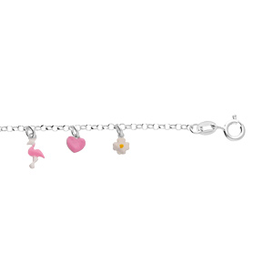 Bracelet enfant en argent rhodi chane avec pampille coeurs, fleurs et flamant rose 13+3cm - Vue 1