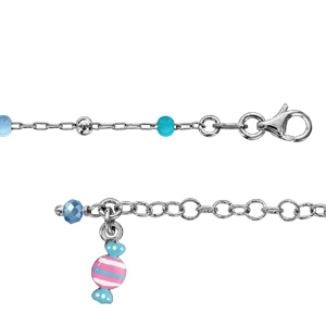 Bracelet enfant en argent rhodi chane avec perles bleues et 1 pampille bonbon bleu ciel et rose - longueur 13cm + 3cm de rallonge - Vue 1