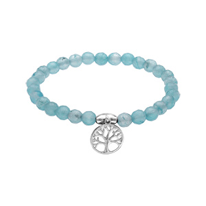 Bracelet extansible en pierres naturelles d\'agate bleu ciel et arbre de vie en argent rhodié - Vue 1