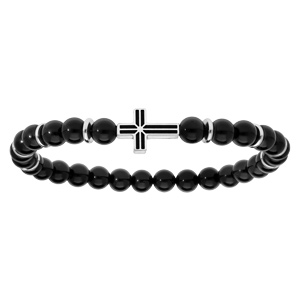 Bracelet extensible avec perles d\'Agate noire et motif Croix - Vue 1
