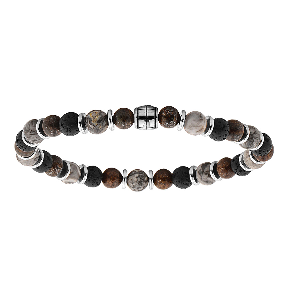 Bracelet extensible avec perles en Jaspe gris, pierre de lave et Bronze gris v�ritable diam�tre 60mm - Vue 1