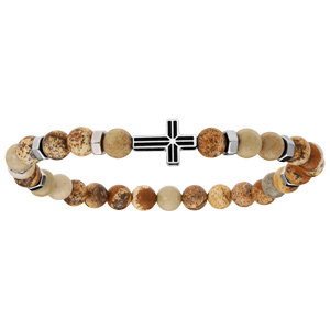 Bracelet extensible avec perles en jaspe vritable et motif Croix - Vue 1