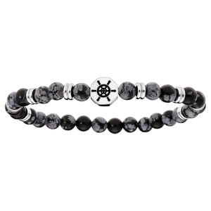 Bracelet extensible avec perles en obsidienne grises et noires et motif roue de bateau - Vue 1
