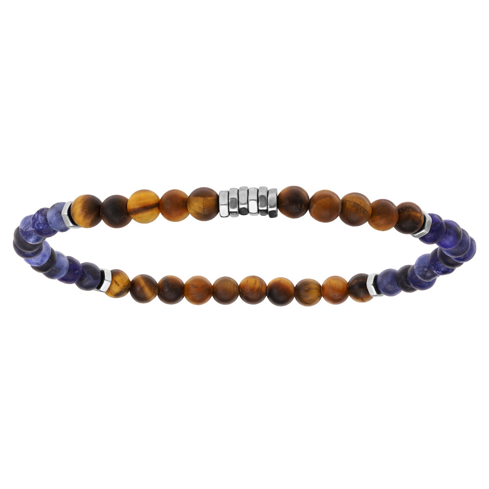 Bracelet extensible avec perles en Oeil de tigre et en Quartz bleu et marron v�ritable - Vue 1