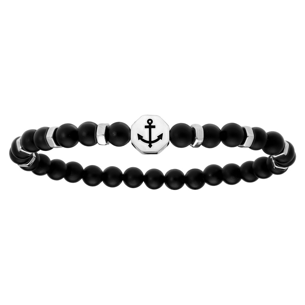 Bracelet extensible avec perles en onyx v�ritable et motif ancre - Vue 1