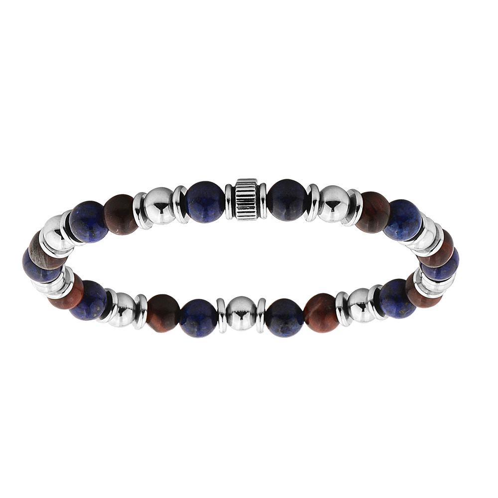 Bracelet extensible avec perles Oeil de tigre rouge et Lapis Lazuli v�ritable diam�tre 60mm - Vue 1