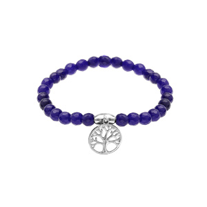 Bracelet extensible avec pierres d\'Agate bleu fonc et arbre de vie suspendu en argent rhodi - Vue 1