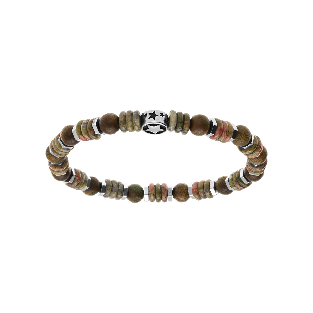 Bracelet extensible boules bois imitation et rondelles vert kaki et en acier motif �toile etoile 60mm - Vue 1