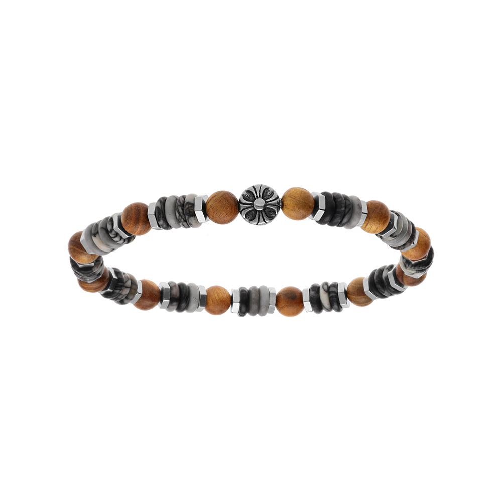 Bracelet extensible boules imitation bois et rondelles rhodochrosites motif acier 60mm - Vue 1