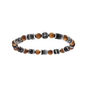 Bracelet extensible boules imitation bois et rondelles rhodochrosites motif acier 60mm - Vue 1