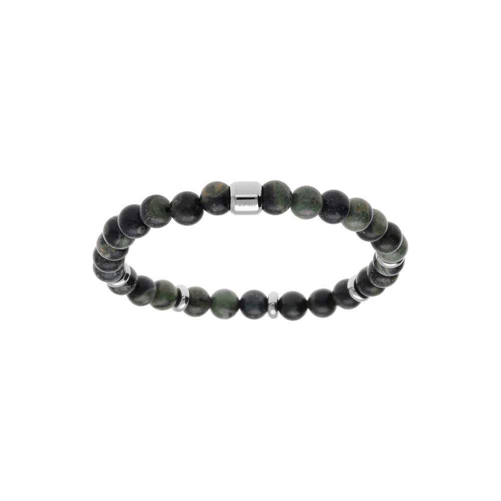 Bracelet extensible boules jaspe v�ritable vert kaki et rondelles acier 60mm - Vue 1
