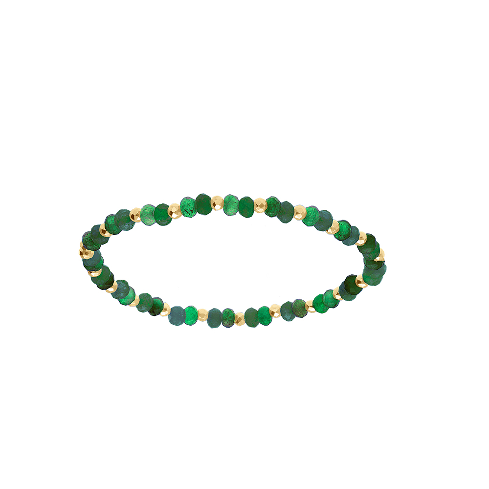 Bracelet extensible de jade et agate vert v�ritables et boules acier dor� facet� - Vue 1