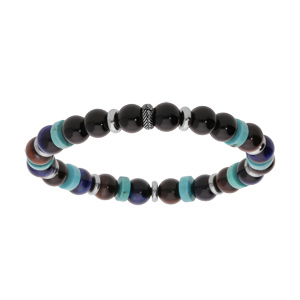 Bracelet extensible en acier avec boules Agate noire, Oeil de Tigre bleu rouge marron et rondelles Howlite - Vue 1