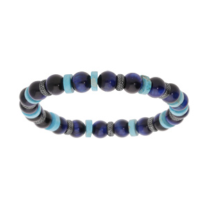 Bracelet extensible en acier avec boules Oeil de Tigre bleu et rondelles Howlite - Vue 1