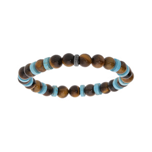 Bracelet extensible en acier avec boules Oeil de Tigre marron et rondelles Howlite - Vue 1