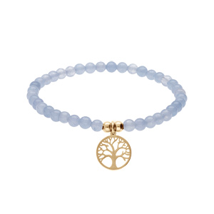 Bracelet extensible en acier et PVD jaune perles 4mm pierres naturelles Agate bleu clair et pampille arbre de vie - Vue 1