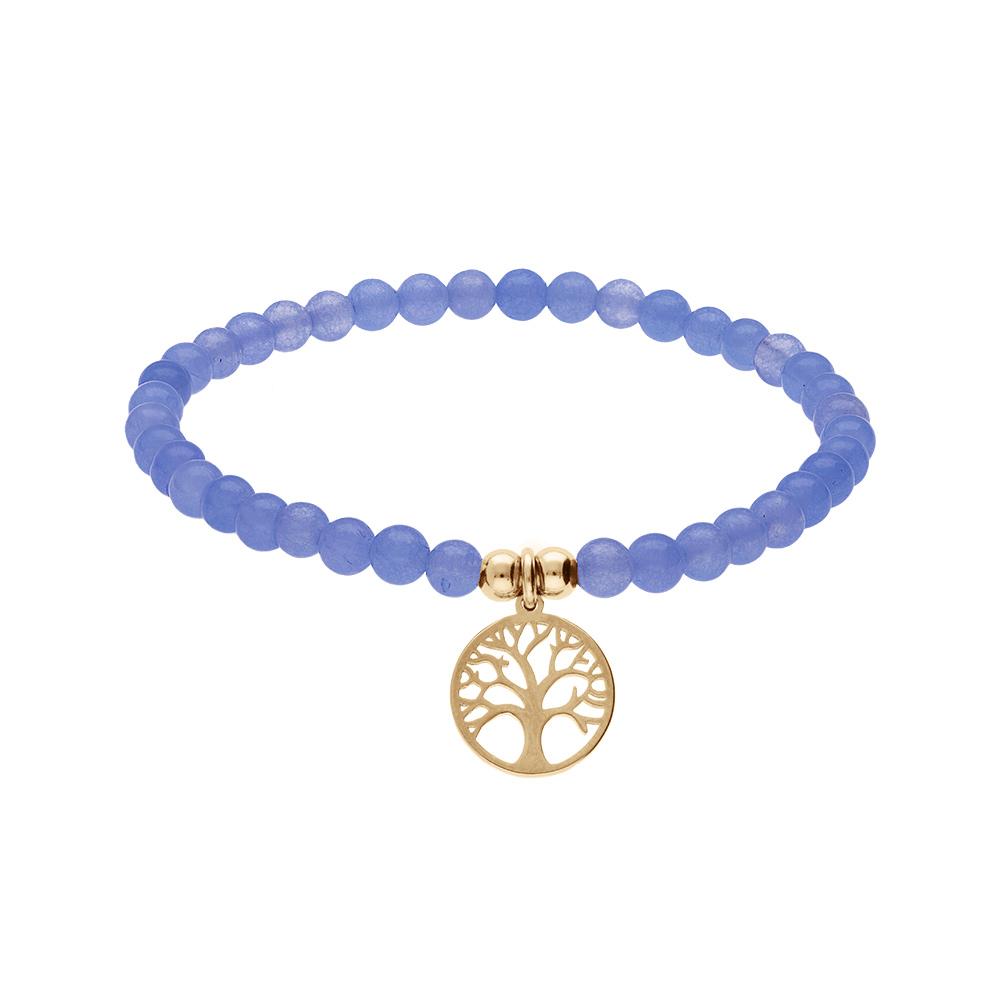 Bracelet extensible en acier et PVD jaune perles 4mm pierres naturelles Agate bleu et pampille arbre de vie - Vue 1