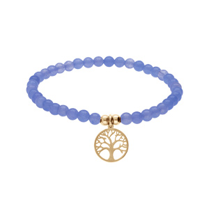 Bracelet extensible en acier et PVD jaune perles 4mm pierres naturelles Agate bleu et pampille arbre de vie - Vue 1